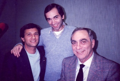 Sasà Capobianco con Bruno Pesaola 'il Petisso', storico allenatore del Napoli, e Mariano Piscopo durante un evento radiofonico